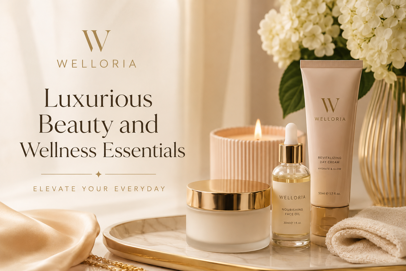 Luxurious beauty and wellness essentials featuring hands and feet surrounded by flowers and spa products.