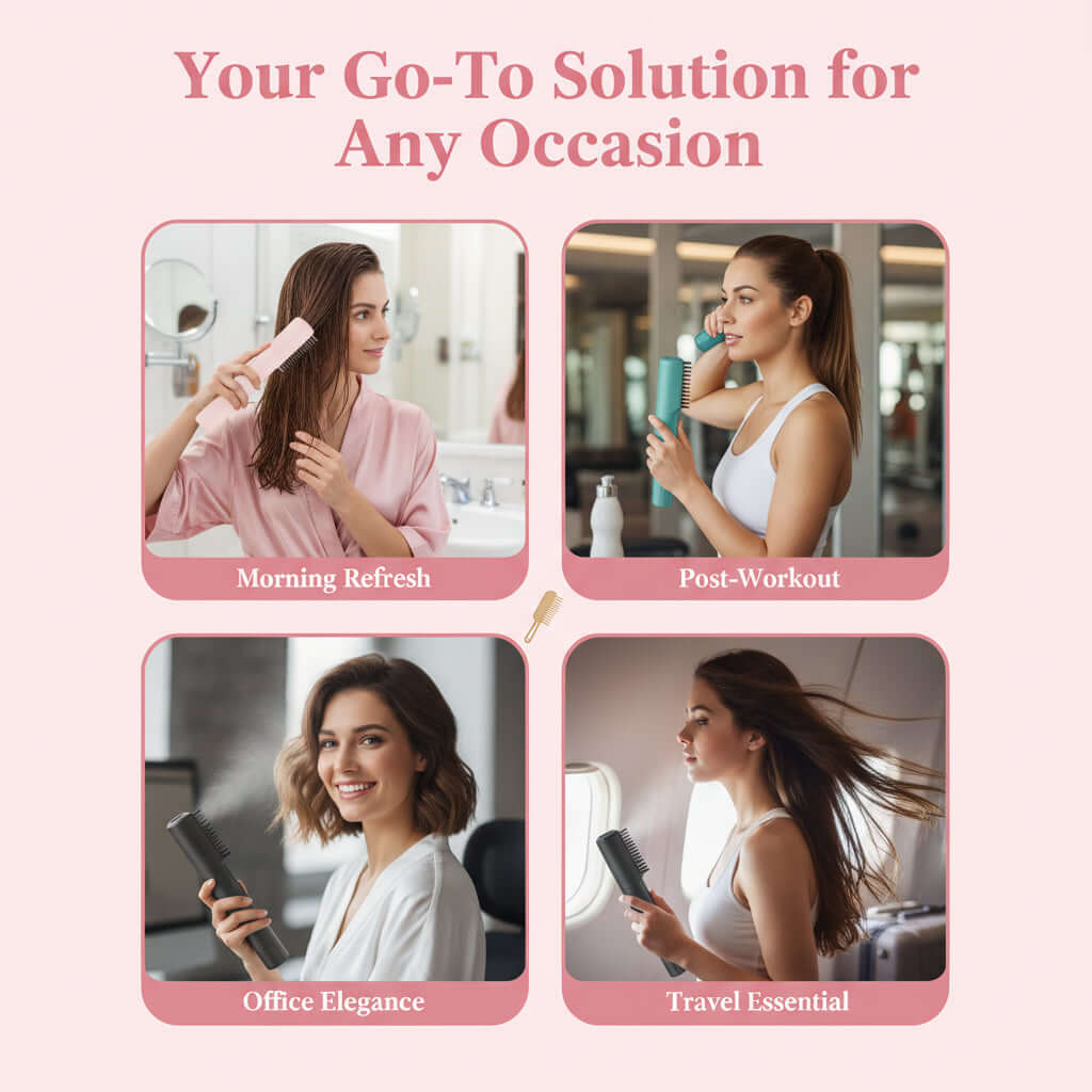 Your go-to solution for any occasion featuring a detangling scalp massage hairbrush in various settings.