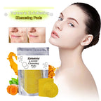 Turmeric Exfoliating Cleansing Pads displayed with a model showing clear skin benefits and product packaging.