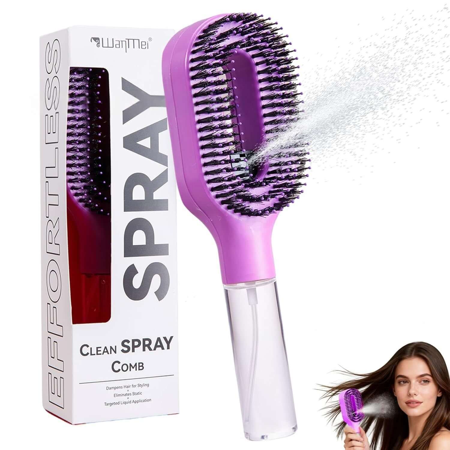 Detangling scalp massage hairbrush with integrated spray bottle for effortless hair care.