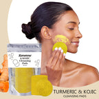 Turmeric Exfoliating Cleansing Pads in packaging with model using pad on her face for deep cleansing.
