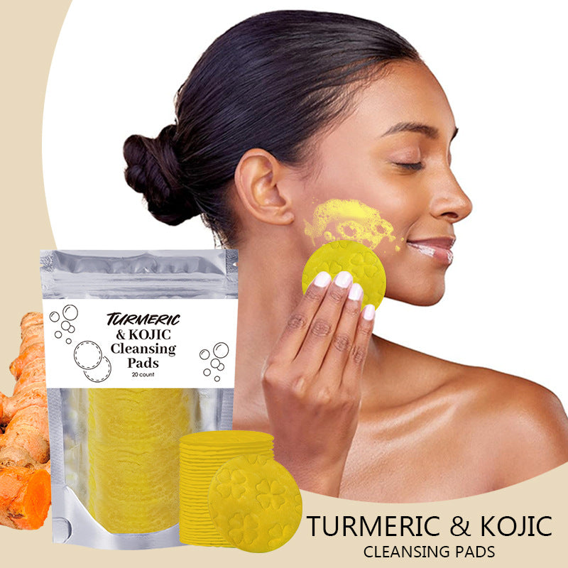 Turmeric Exfoliating Cleansing Pads in packaging with model using pad on her face for deep cleansing.