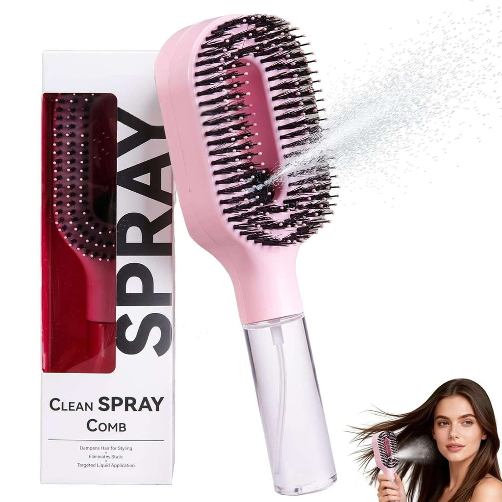 Detangling scalp massage hairbrush with integrated spray bottle for easy hair care and styling.
