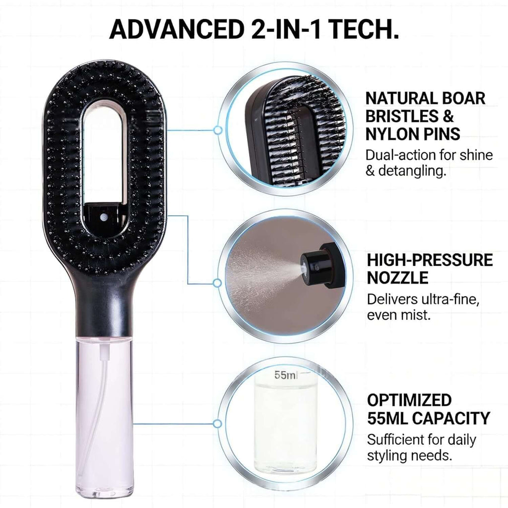 Advanced features of the detangling scalp massage hairbrush, including natural bristles, high-pressure nozzle, and optimized capacity.